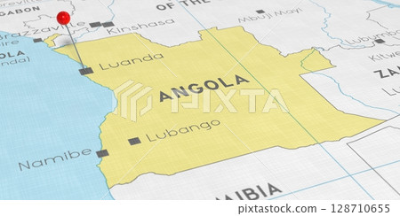 Angola, Luanda - push pin on political map - 3D illustration Angola, Luanda - push pin on political map - 3D illustration 128710655