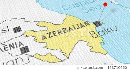 Azerbaijan, Baku - push pin on political map - 3D illustration 128710660