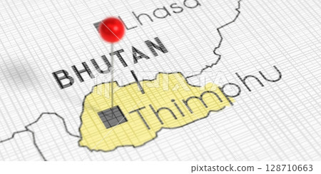 Bhutan, Thimphu - push pin on political map - 3D illustration 128710663