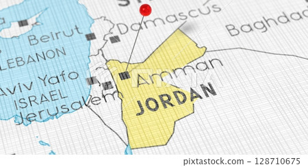 Jordan, Amman - push pin on political map - 3D illustration 128710675