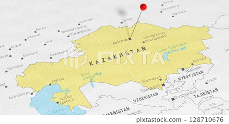 Kazakhstan, Nur-Sultan - push pin on political map - 3D illustration 128710676