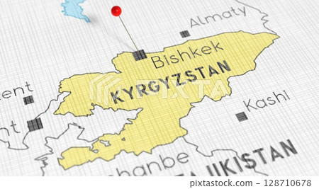 Kyrgyzstan, Bishkek - push pin on political map - 3D illustration 128710678