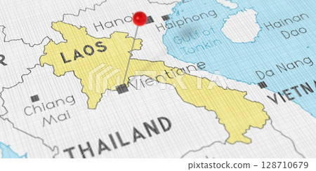 Laos, Vientiane - push pin on political map - 3D illustration Laos, Vientiane - push pin on political map - 3D illustration 128710679