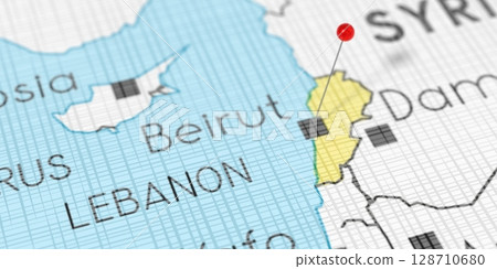 Lebanon, Beirut - push pin on political map - 3D illustration Lebanon, Beirut - push pin on political map - 3D illustration 128710680