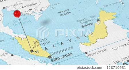 Malaysia, Kuala Lumpur - push pin on political map - 3D illustration Malaysia, Kuala Lumpur - push pin on political map - 3D illustration 128710681