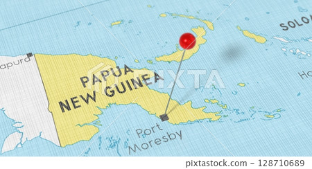 Papua New Guinea, Port Moresby - push pin on political map - 3D illustration 128710689