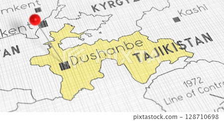 Tajikistan, Dushanbe - push pin on political map - 3D illustration Tajikistan, Dushanbe - push pin on political map - 3D illustration 128710698