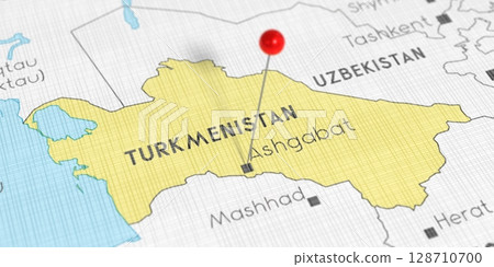 Turkmenistan, Ashgabat - push pin on political map - 3D illustration 128710700