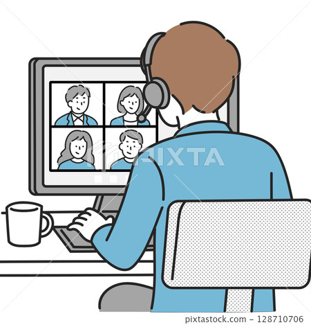 Illustration of a man participating in an online meeting while working from home 128710706