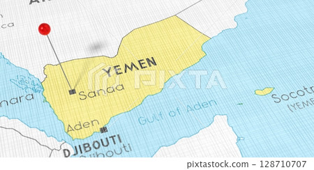 Yemen, Sanaa - push pin on political map - 3D illustration 128710707