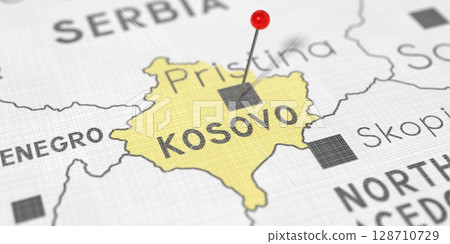 Kosovo, Pristina - push pin on political map - 3D illustration 128710729