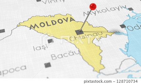 Moldova, Chisinau - push pin on political map - 3D illustration Moldova, Chisinau - push pin on political map - 3D illustration 128710734