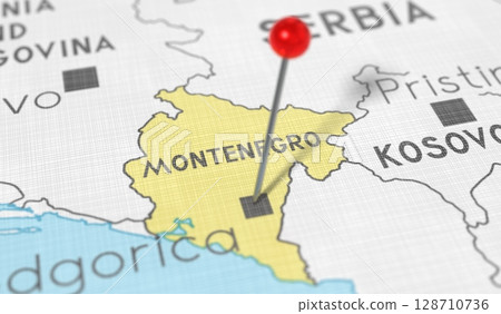 Montenegro, Podgorica - push pin on political map - 3D illustration 128710736