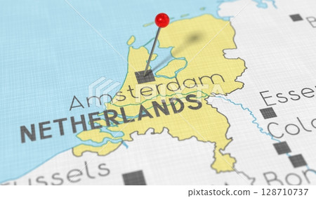 Netherlands, Amsterdam - push pin on political map - 3D illustration 128710737