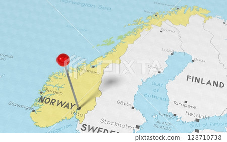 Norway, Oslo - push pin on political map - 3D illustration Norway, Oslo - push pin on political map - 3D illustration 128710738
