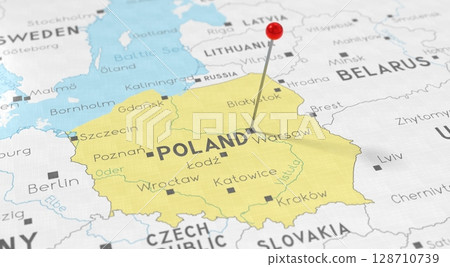 Poland, Warsaw - push pin on political map - 3D illustration 128710739