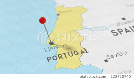 Portugal, Lisbon - push pin on political map - 3D illustration Portugal, Lisbon - push pin on political map - 3D illustration 128710740