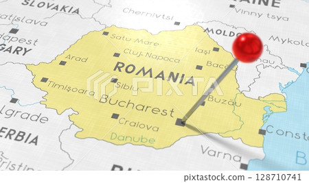 Romania, Bucharest - push pin on political map - 3D illustration 128710741