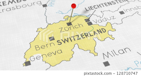 Switzerland, Bern - push pin on political map - 3D illustration 128710747