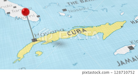 Cuba, Havana - push pin on political map - 3D illustration 128710752