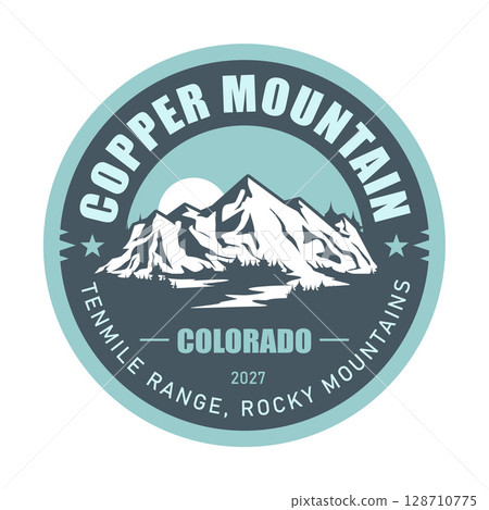 Copper mountain range, Colorado, USA, emblem with snow-covered mountains, vector 128710775