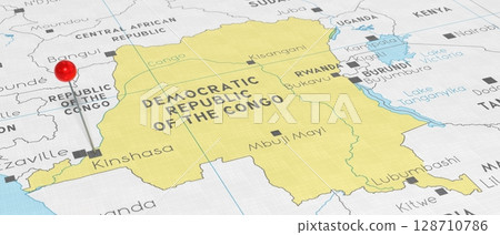 Democratic Republic of the Congo, Kinshasa - push pin on political map - 3D illustration 128710786