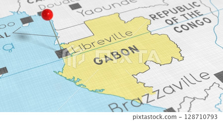 Gabon, Libreville - push pin on political map - 3D illustration 128710793