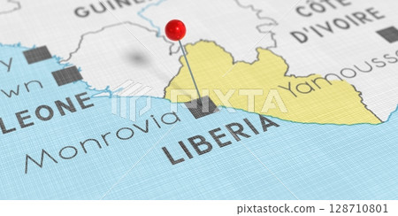 Liberia, Monrovia - push pin on political map - 3D illustration 128710801