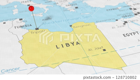 Libya, Tripoli - push pin on political map - 3D illustration 128710802