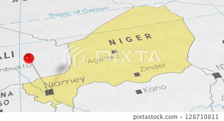 Niger, Niamey - push pin on political map - 3D illustration 128710811