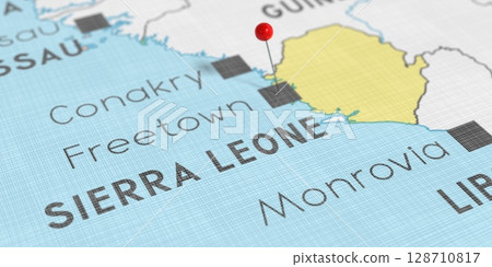 Sierra Leone, Freetown - push pin on political map - 3D illustration Sierra Leone, Freetown - push pin on political map - 3D illustration 128710817