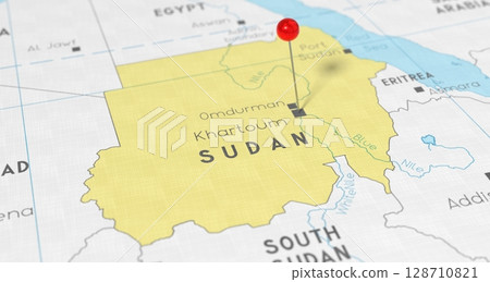 Sudan, Khartoum - push pin on political map - 3D illustration 128710821