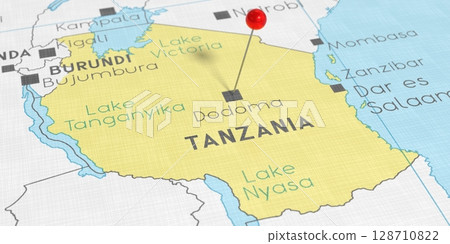 Tanzania, Dodoma - push pin on political map - 3D illustration 128710822