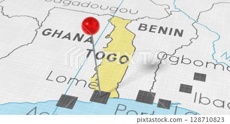 Togo, Lome - push pin on political map - 3D illustration Togo, Lome - push pin on political map - 3D illustration 128710823
