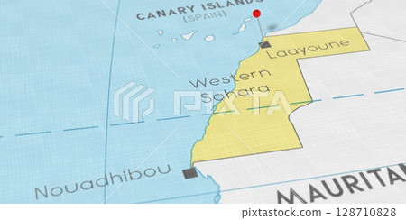 Western Sahara, Laayoune - push pin on political map - 3D illustration 128710828