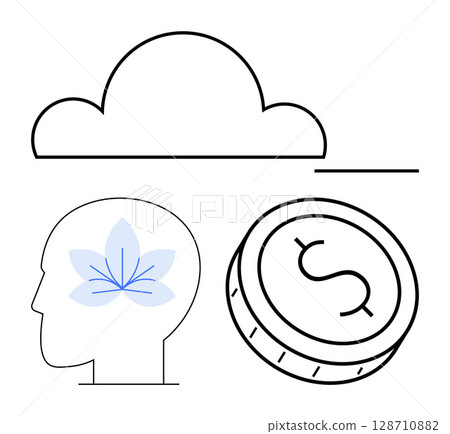 Head with lotus signifying mindfulness, coin representing finance, and cloud symbolizing ideas. Ideal for wellness, finance, mental health, cloud computing, creativity, mindfulness and economics Head with lotus signifying mindfulness, coin representing finance, and cloud symbolizing ideas. Ideal for wellness, finance, mental health, cloud computing, creativity, mindfulness and economics 128710882