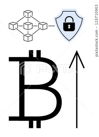 Blockchain network with connected blocks, security shield with padlock, large Bitcoin symbol, and upward arrow hinting at growth. Ideal for cryptocurrency, finance, security, blockchain, investment Blockchain network with connected blocks, security shield with padlock, large Bitcoin symbol, and upward arrow hinting at growth. Ideal for cryptocurrency, finance, security, blockchain, investment 128710903