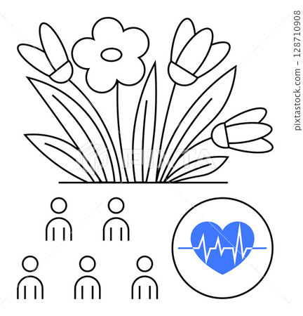 Flowering plants six simple human icons, and a blue heart with a heartbeat line. Ideal for wellness, community, health, nature, growth, group activities, care. Line metaphor Flowering plants six simple human icons, and a blue heart with a heartbeat line. Ideal for wellness, community, health, nature, growth, group activities, care. Line metaphor 128710908