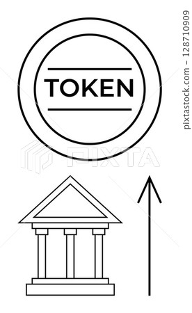 Circular token labeled TOKEN above a bank building with an upward arrow alongside. Ideal for finance, banking, cryptocurrency, investments, growth analysis, economics, digital currency. Line metaphor 128710909