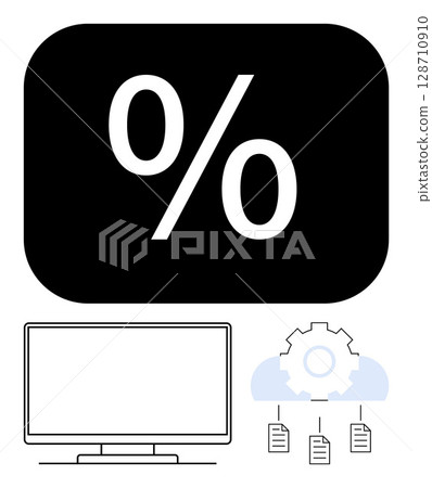Percentage symbol, computer monitor, gear and cloud connected to documents. Ideal for data analysis, cloud computing, digital transformation, financial calculations, software development, business Percentage symbol, computer monitor, gear and cloud connected to documents. Ideal for data analysis, cloud computing, digital transformation, financial calculations, software development, business 128710910