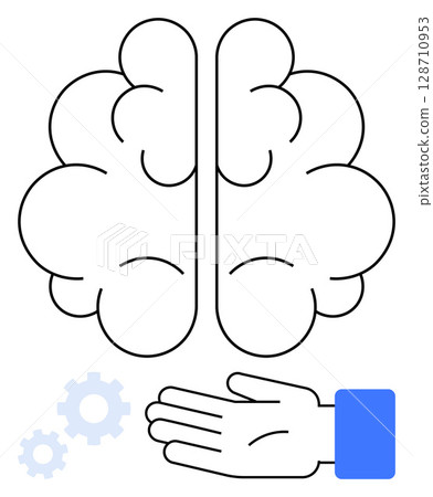Brain with hand and gears. Ideal for creativity, knowledge, education, support, teamwork, mental health, and technology Line metaphor 128710953