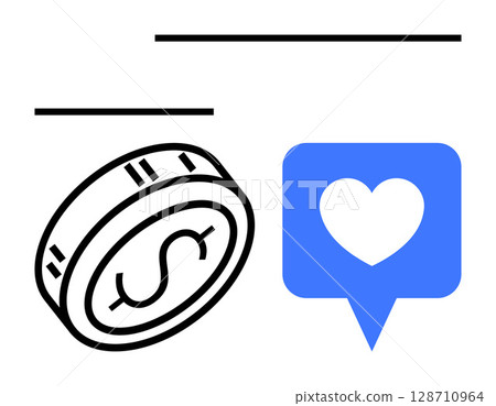 Coin with dollar sign next to blue chat bubble with white heart highlights finance, love, technology, digital communication, and engagement. Ideal for social media, finance, marketing, technology 128710964