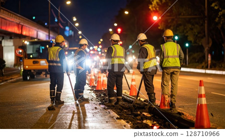 AI image: Road construction at night AI image: Road construction at night 128710966