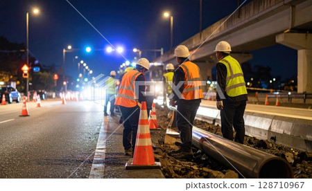 AI image: Road construction at night AI image: Road construction at night 128710967