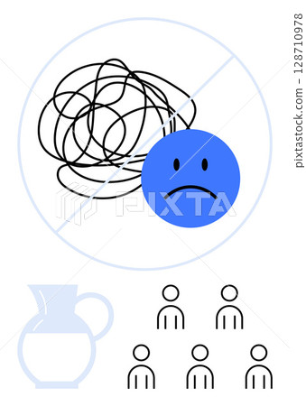 Tangled lines with a sad face, crossed out, suggesting no stress. Below are a water pitcher and group icons. Ideal for stress relief, mental health, hydration, social interaction, self-care Tangled lines with a sad face, crossed out, suggesting no stress. Below are a water pitcher and group icons. Ideal for stress relief, mental health, hydration, social interaction, self-care 128710978