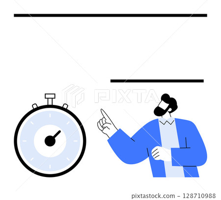 Stopwatch man pointing upwards black and blue colors. Ideal for time management, business, deadlines, productivity, efficiency, punctuality, goals. Line metaphor 128710988