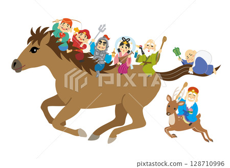 新年賀卡插圖 馬年七福神 新年賀卡插圖 馬年七福神 128710996