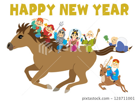 New Year's card illustration Year of the Horse Seven Lucky Gods HAPPY NEW YEAR New Year's card illustration Year of the Horse Seven Lucky Gods HAPPY NEW YEAR 128711001