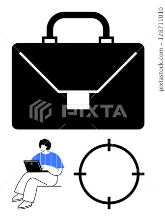 Large black briefcase above a figure with a laptop and a target icon. Ideal for business strategy, remote work, productivity, office themes, project planning, goal setting. Line metaphor 128711010