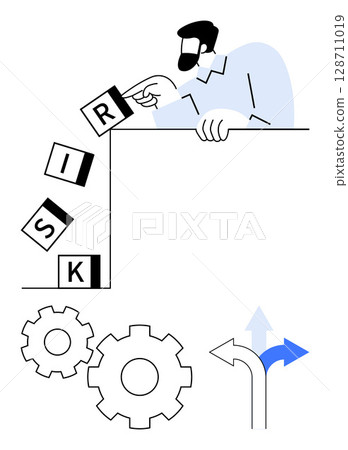 Person stacking letter blocks to form the word Risk, blocks falling. Gears and directional signs suggesting decision making and mechanical processes. Ideal for business strategy, risk management Person stacking letter blocks to form the word Risk, blocks falling. Gears and directional signs suggesting decision making and mechanical processes. Ideal for business strategy, risk management 128711019